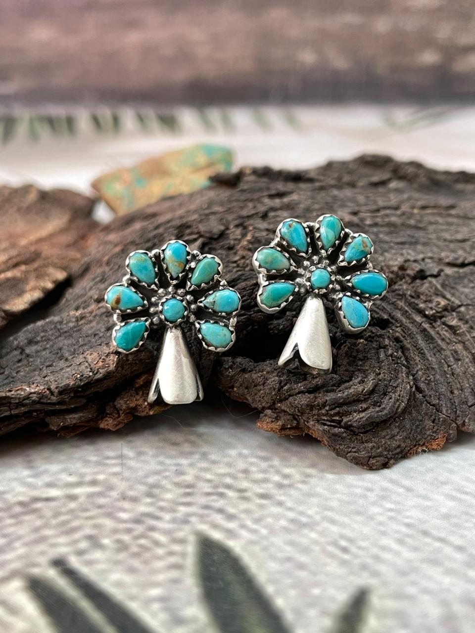 Handmade Sterling Silver Kingman Turquoise Studs Post Earrings "Signed Nizhoni"