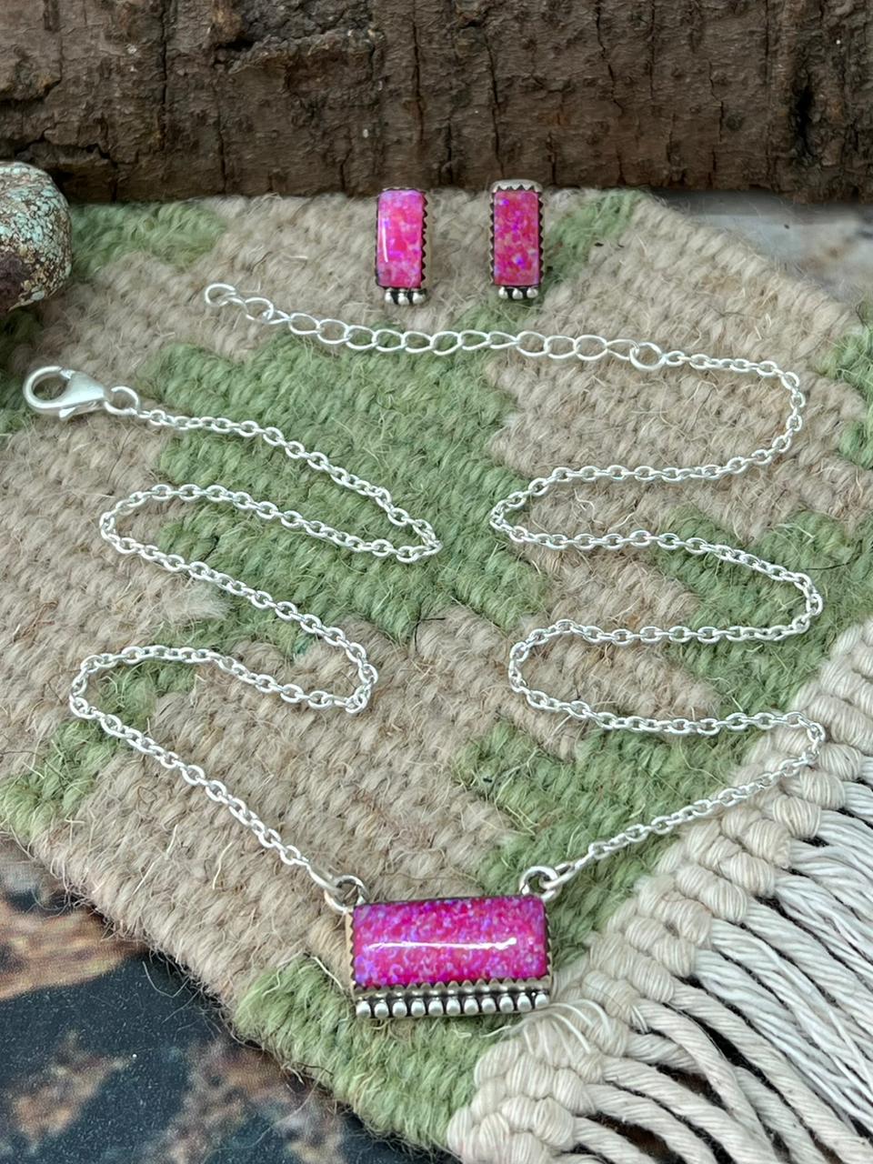 Handmade Sterling Silver Hot Pink Bar Necklace Earrings Set "Signed Nizhoni"