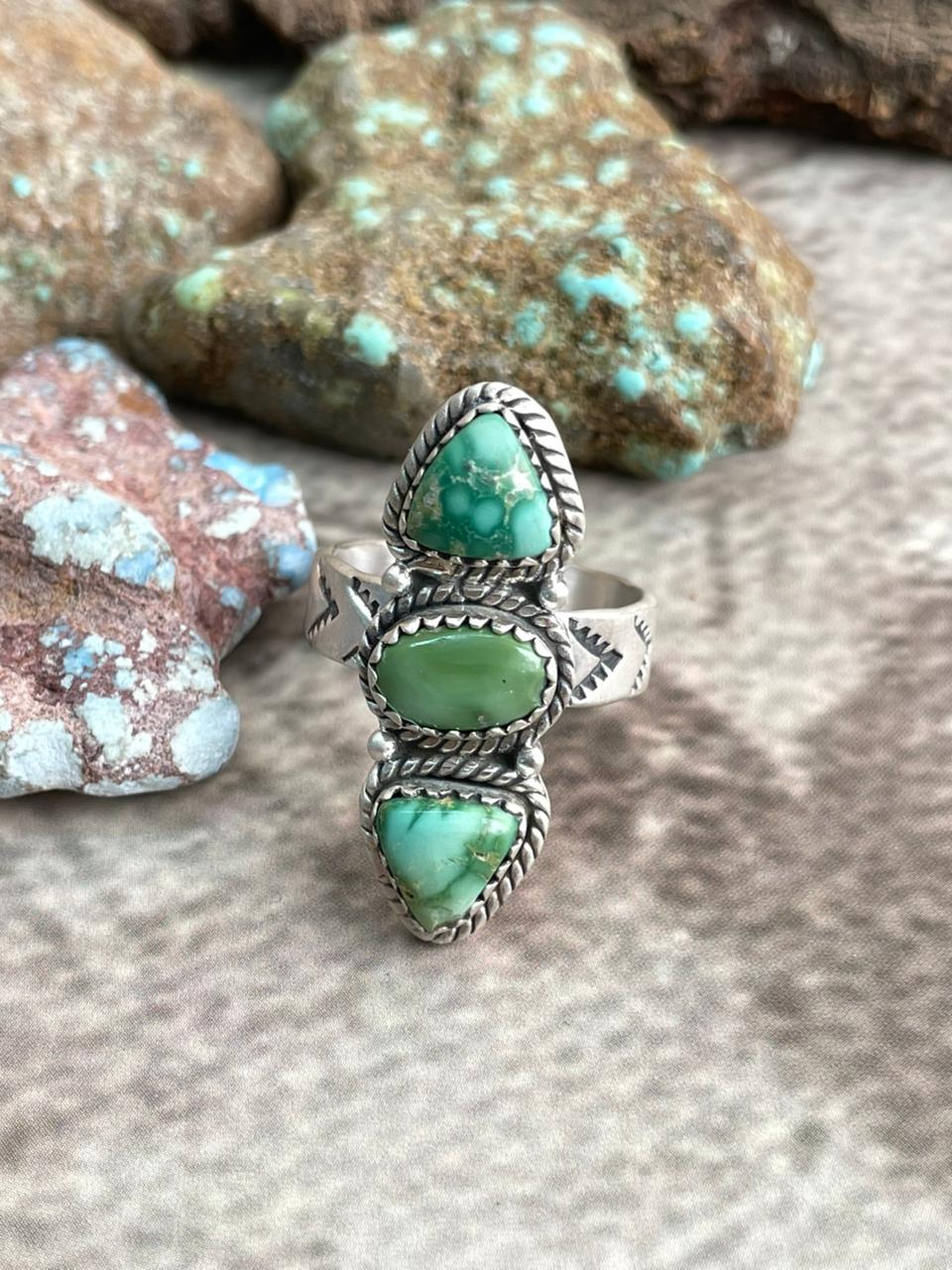 Handmade Sterling Silver Emerald Valley Turquoise Adjustable Ring with Signed Nizhoni