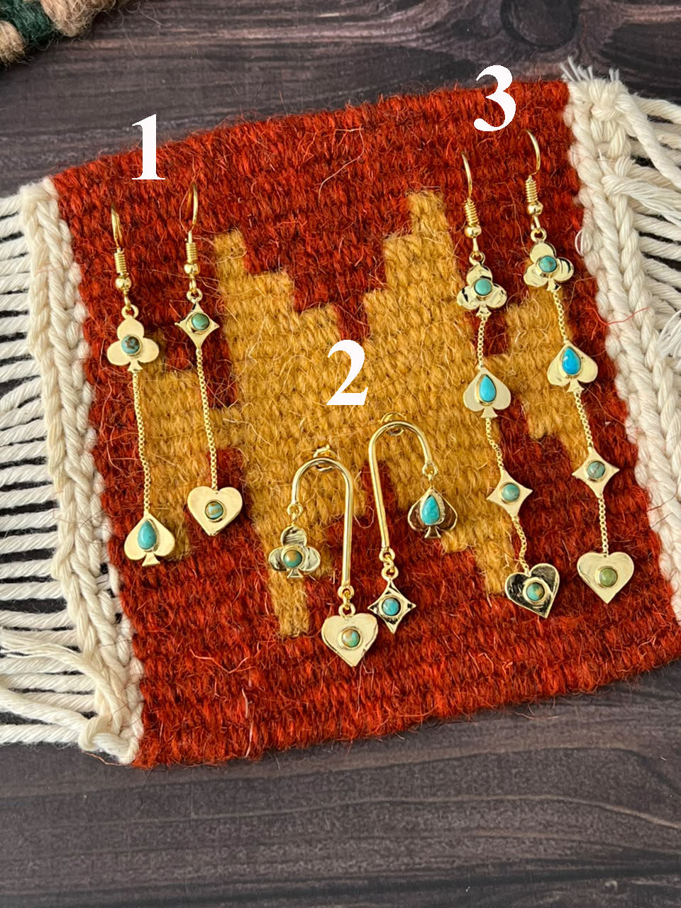 “The Golden Collection” Handmade Kingman Turquoise Playing Card Hook/Post Dangle Earrings Signed Nizhoni