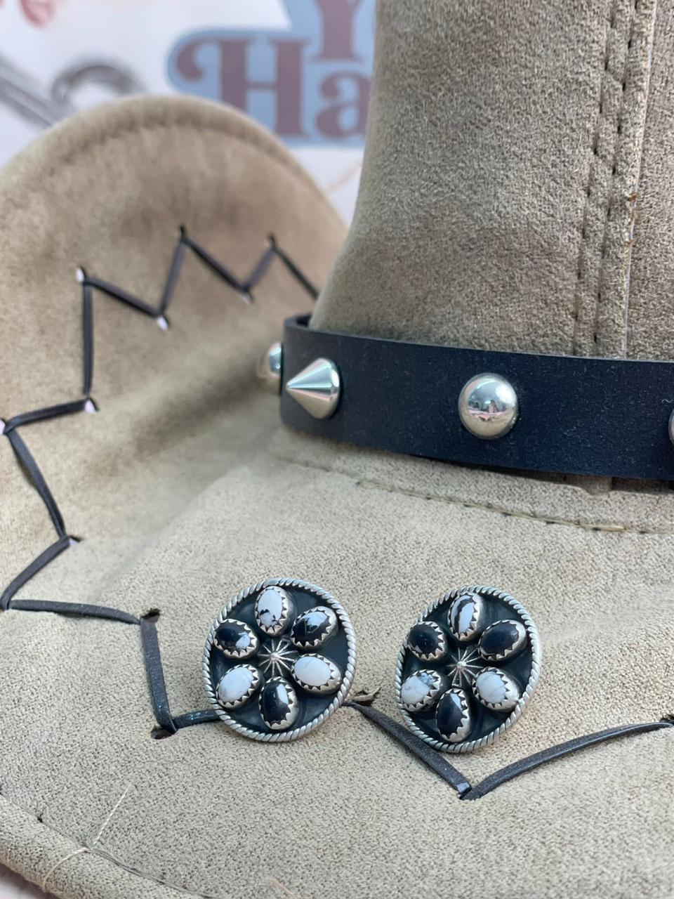 Handmade Sterling Silver White Buffalo Post Studs Earrings "Signed Nizhoni"