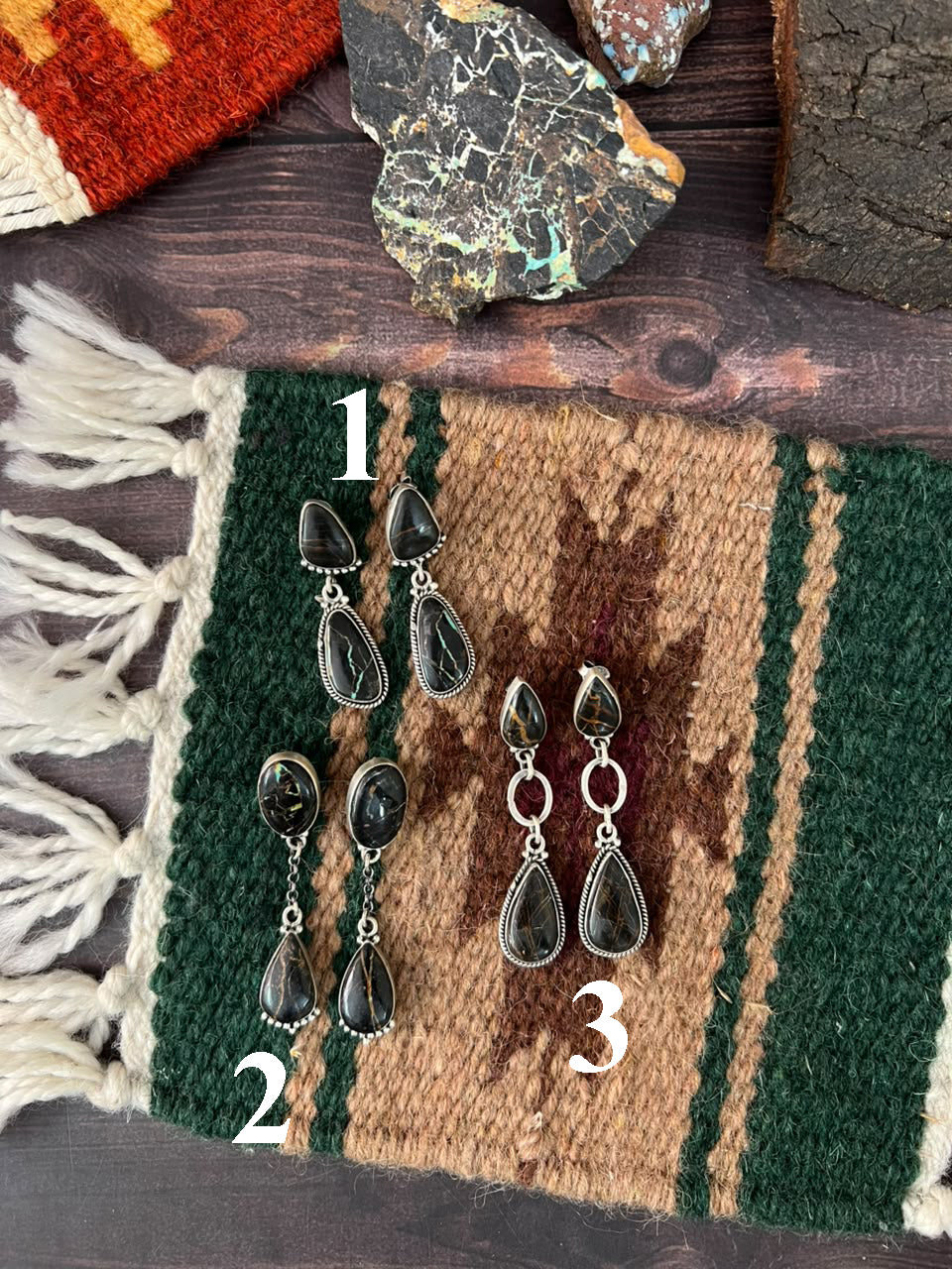 Handmade Sterling Silver Blackjack Turquoise Collection: Post Dangle Earrings Signed Nizhoni