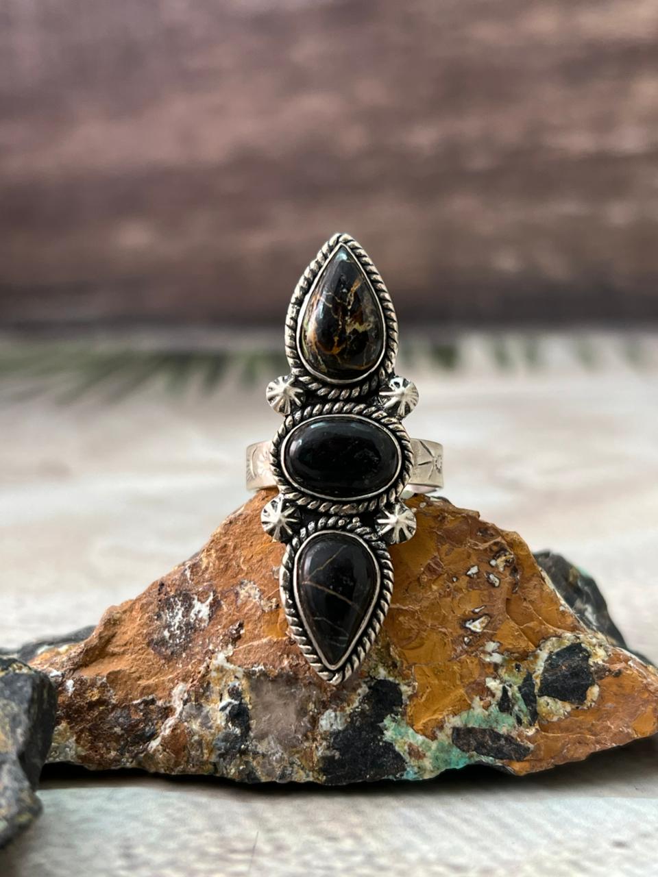 Handmade Sterling Silver Blackjack Turquoise Adjustable Ring " Signed Nizhoni"