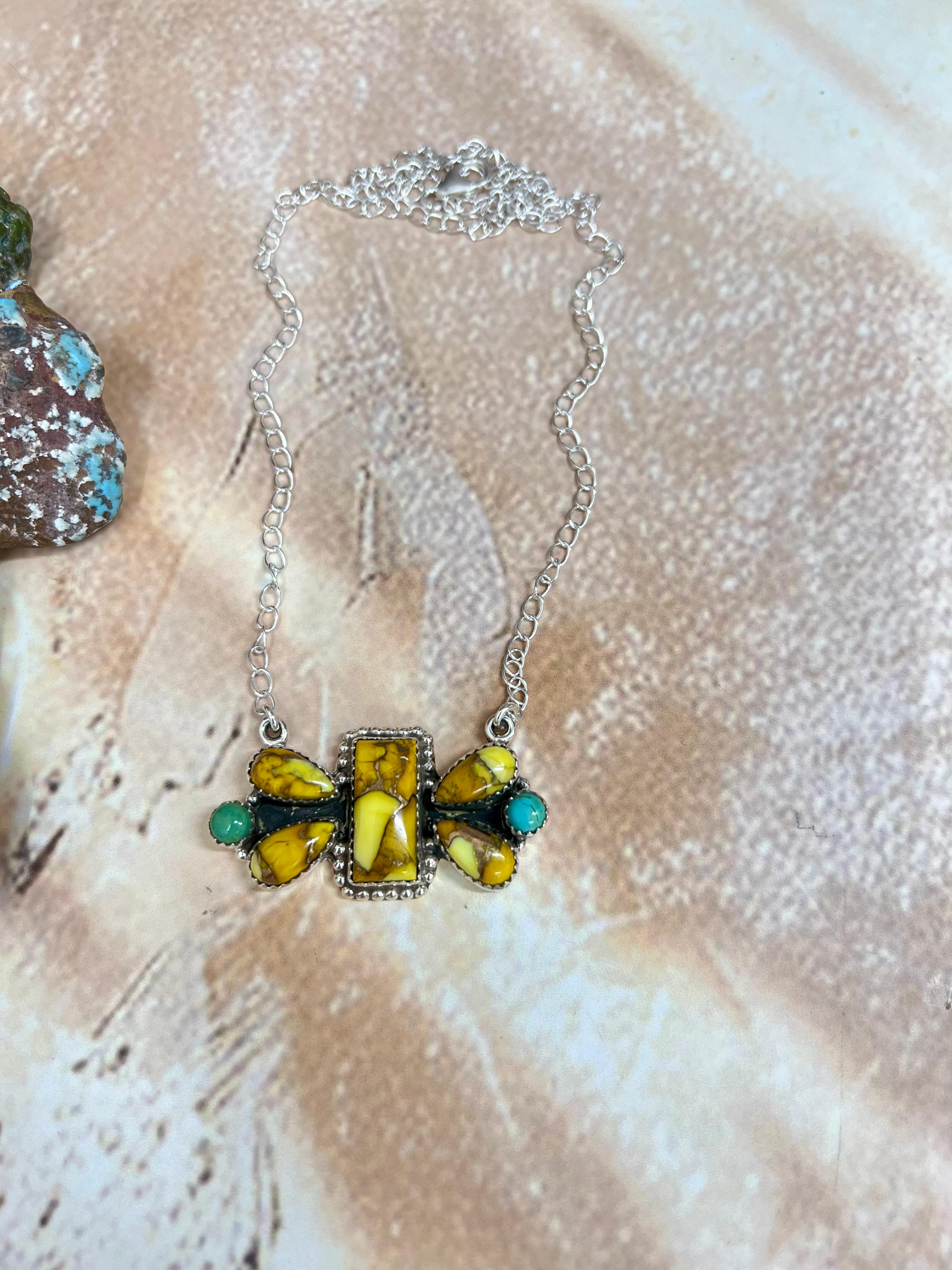 Handmade Sterling Silver Honey Dahlia with Kingman Turquoise Necklace, Signed Nizhoni