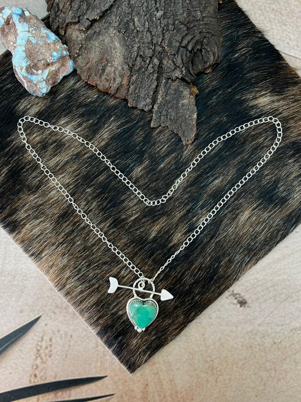 Handmade Sterling Silver Kingman Turquoise Heart Pendant Necklace "Signed Nizhoni"