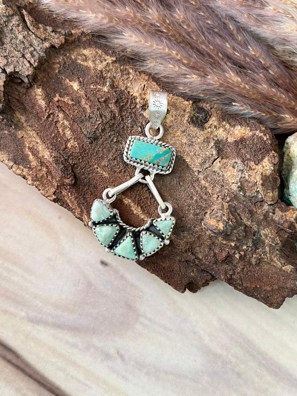 Handmade Sterling Silver Paloma with Kingman Turquoise Pendant Signed Nizhoni