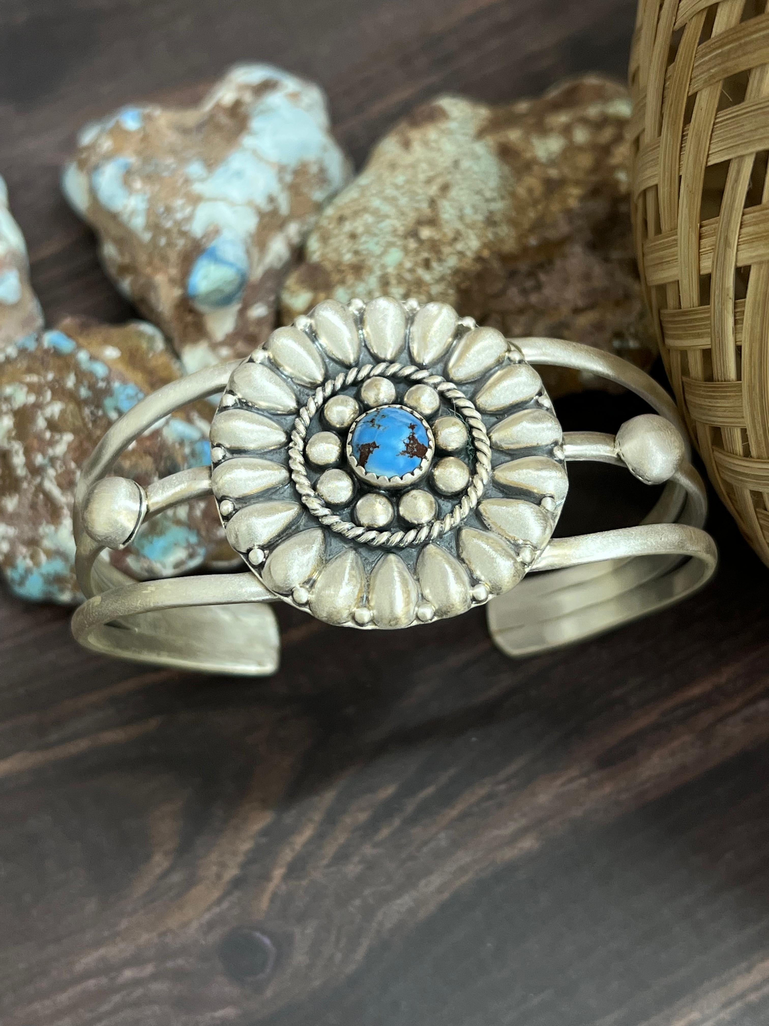 Handmade Sterling Silver Golden Hills Turquoise Cuff Bracelet with Signed Nizhoni