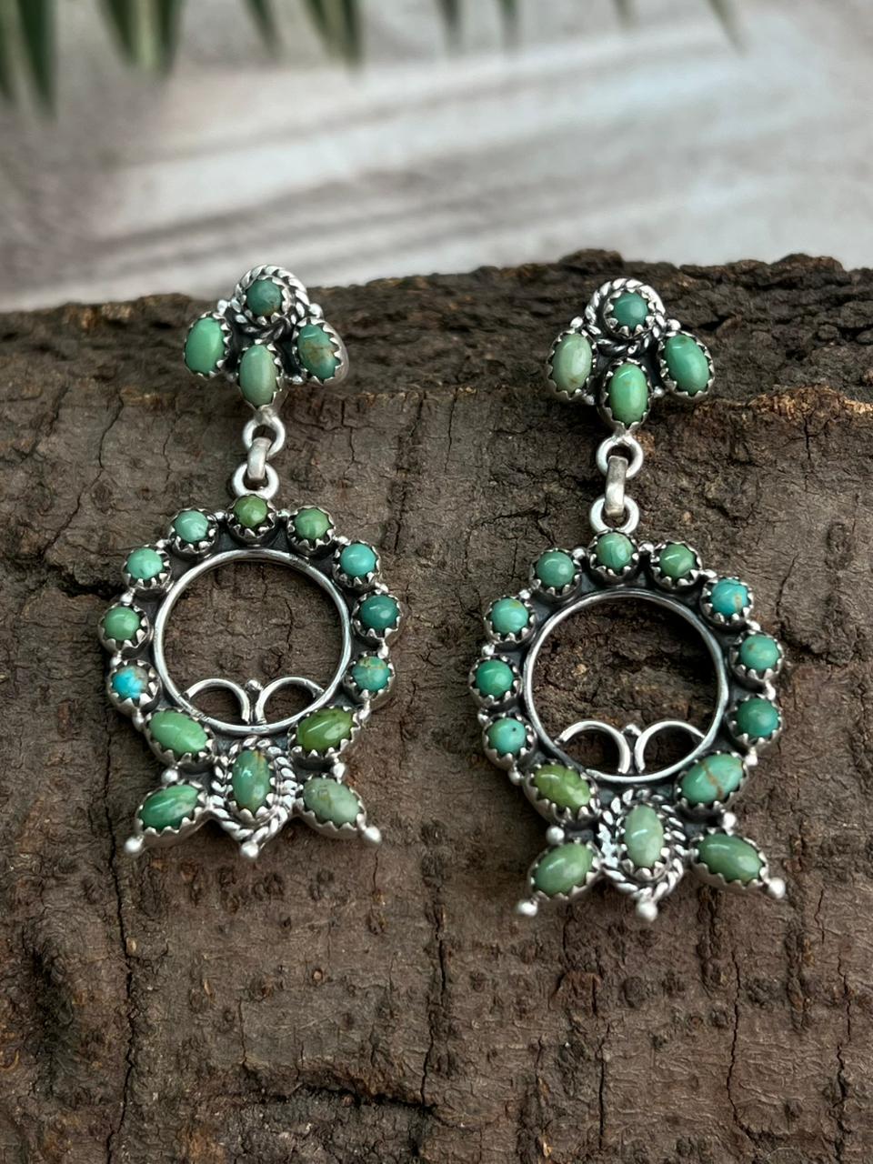 Handmade Sterling Silver Kingman Turquoise Post Dangle Earrings "Signed Nizhoni"