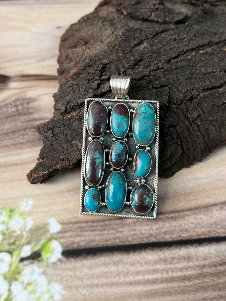 Handmade Sterling Silver Gem Silica Collection: Bar Pendant Signed Nizhoni
