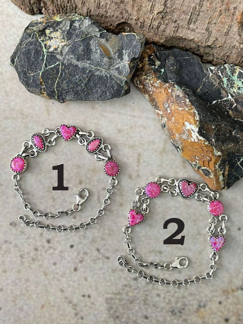 "Heart Collection" Handmade Sterling Silver Hot Pink Chain Bracelet "Signed Nizhoni"