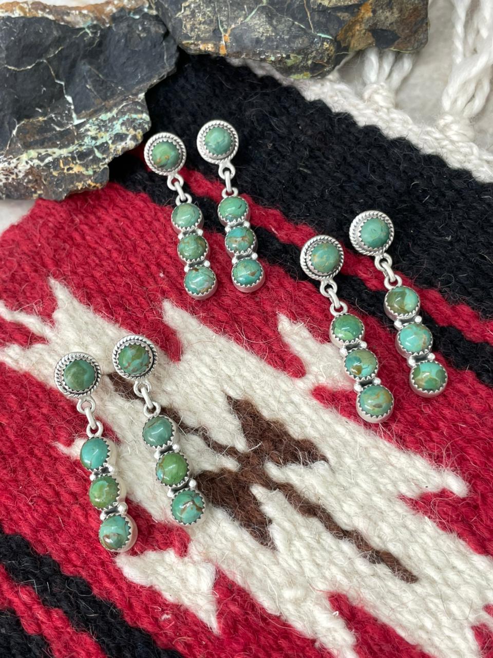 Handmade Sterling Silver Kingman Turquoise Post Dangle Earrings "Signed Nizhoni"
