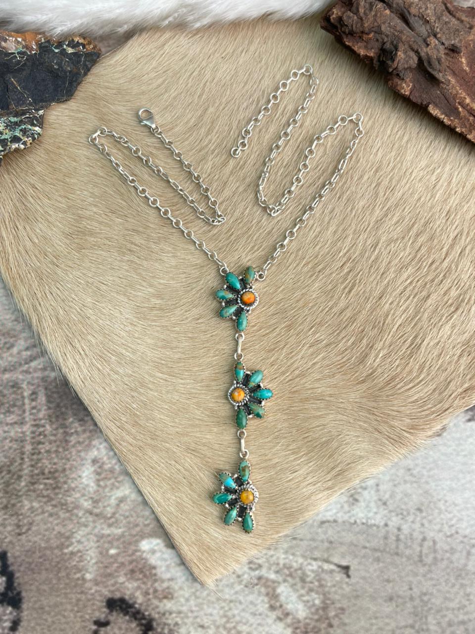 Handmade Sterling Silver Kingman Turquoise with Orange Mojave Necklace "Signed Nizhoni"