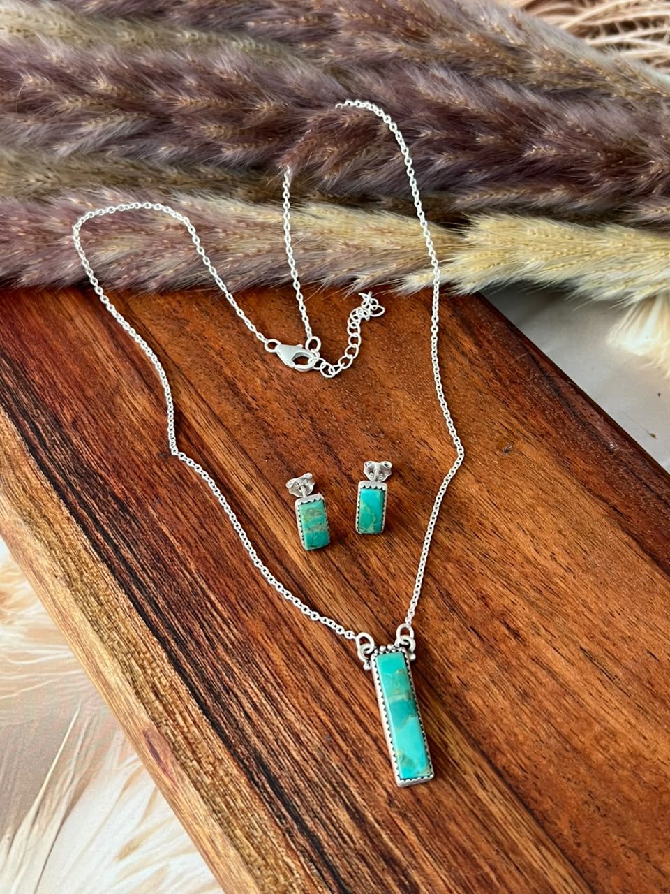 Handmade Sterling Silver Kingman Turquoise Necklace and Earrings Set Signed Nizhoni