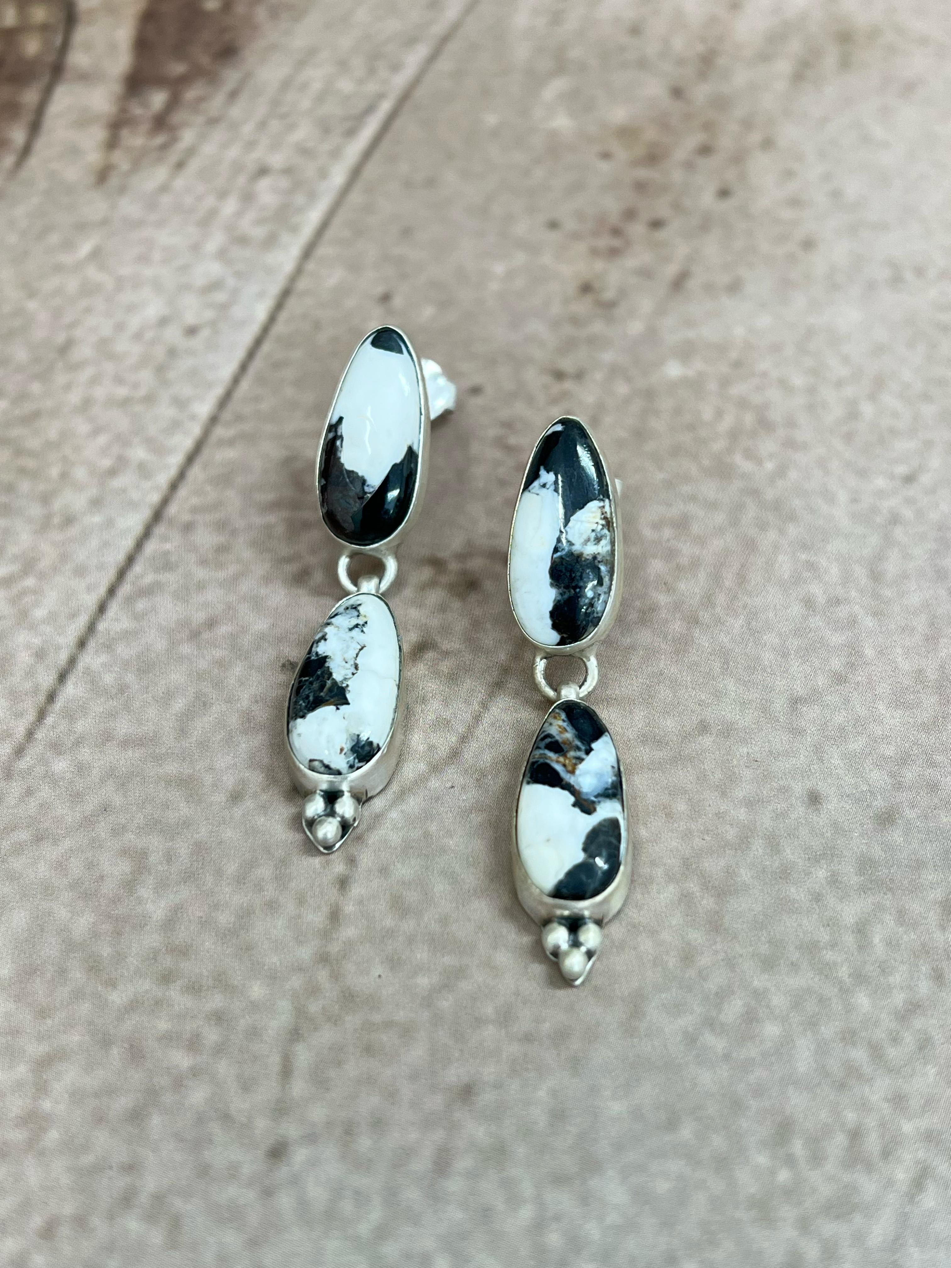 Handmade Sterling Silver White Buffalo Turquoise Dangle Earrings with Signed Nizhoni