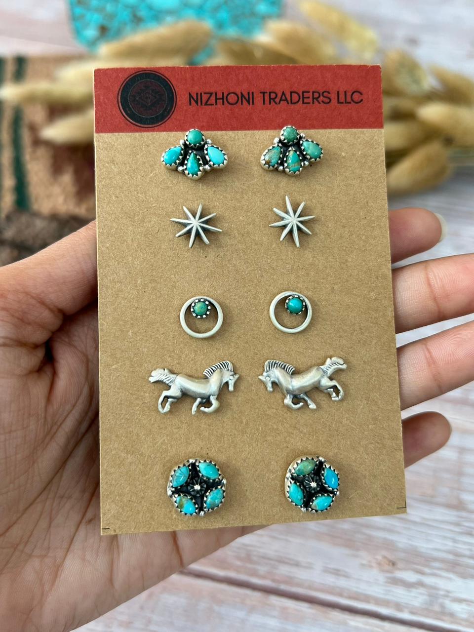 Handmade Sterling Silver Kingman Turquoise Studs Earrings Card