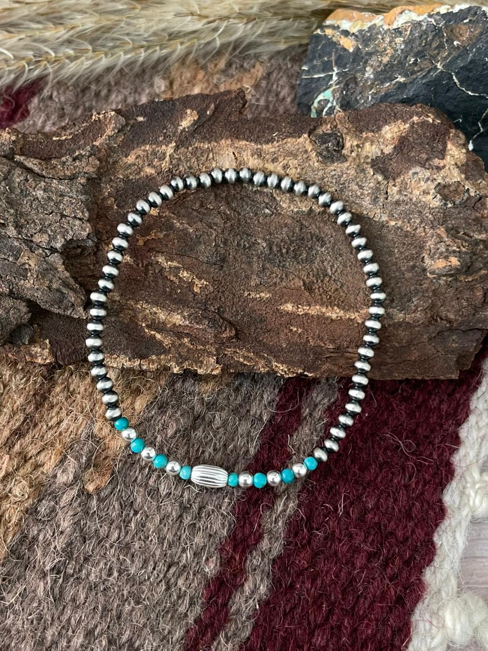 Handmade Sterling Silver Kingman Turquoise Stretch Bracelet