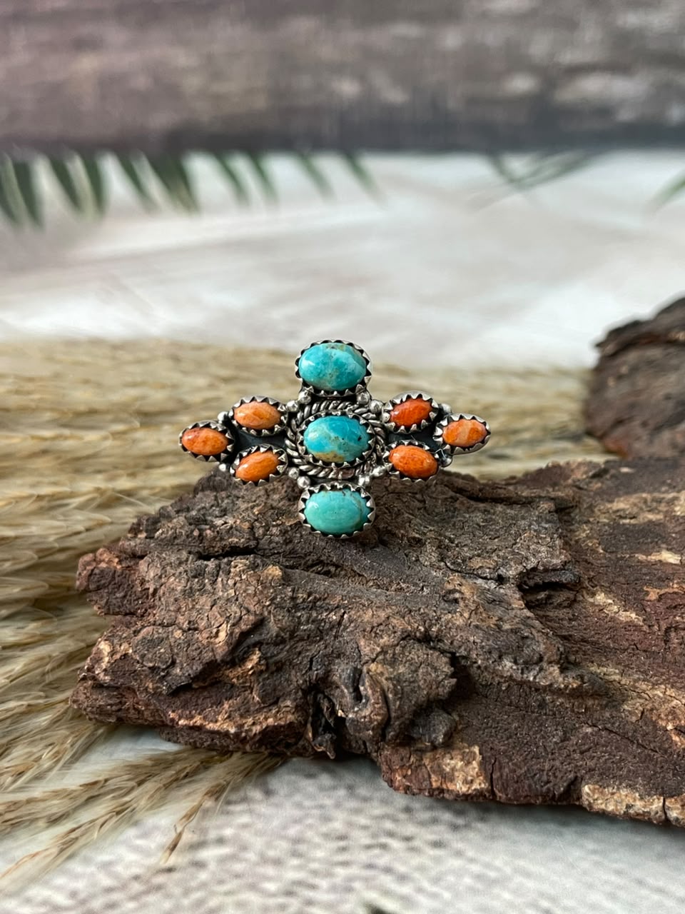 Handmade Sterling Silver Orange Mojave with Kingman Turquoise Adjustable Ring Signed Nizhoni (6)