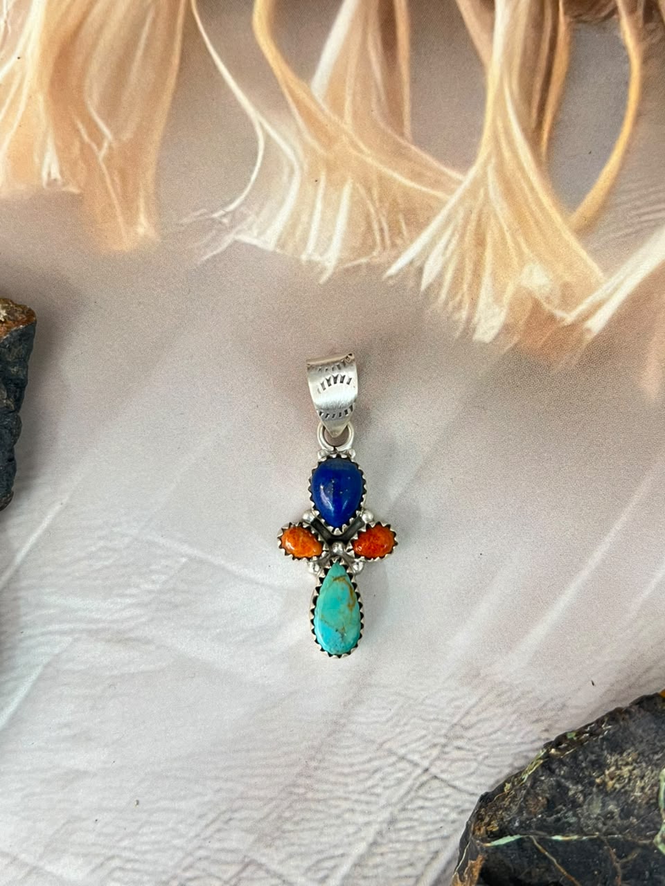 Handmade Sterling Silver Kingman Turquoise with Orange Mojave and Lapis Pendant Signed Nizhoni