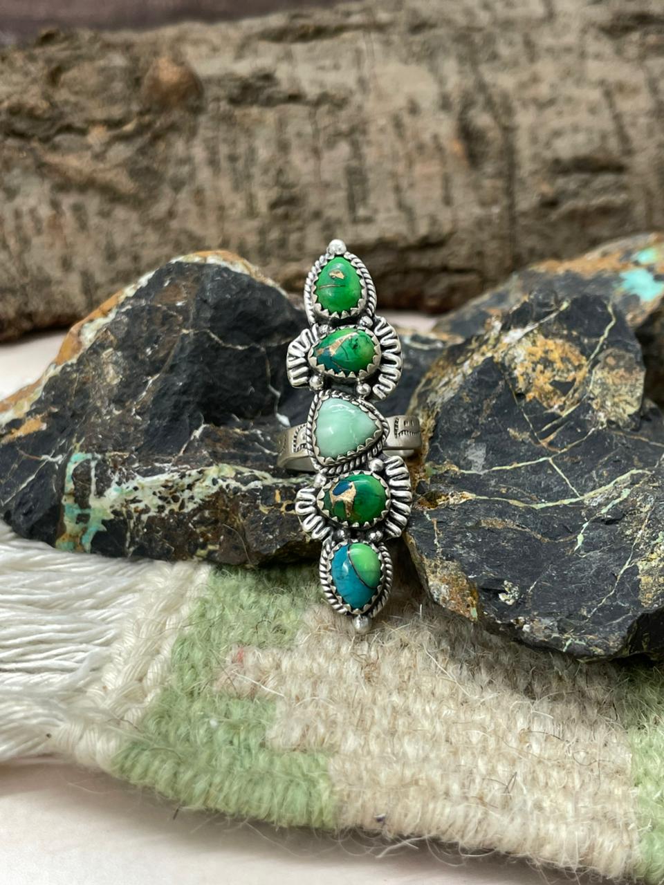 Handmade Sterling Silver Peacock Dahlia with Paloma Adjustable Ring "Signed Nizhoni" (4)