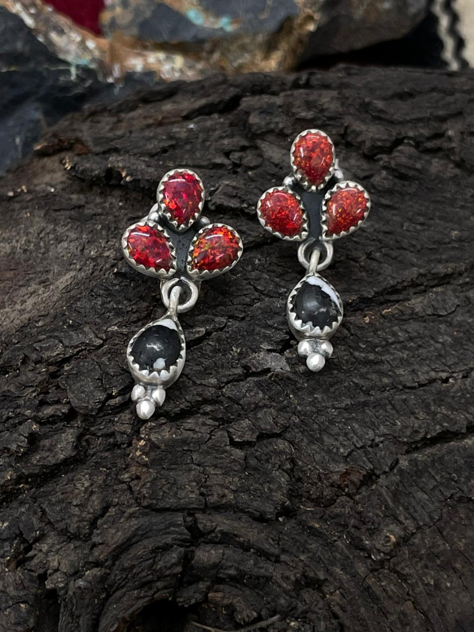 "Christmas Collection" Handmade Sterling Silver White Buffalo with Red Opal Dangle Earrings "Signed Nizhoni"