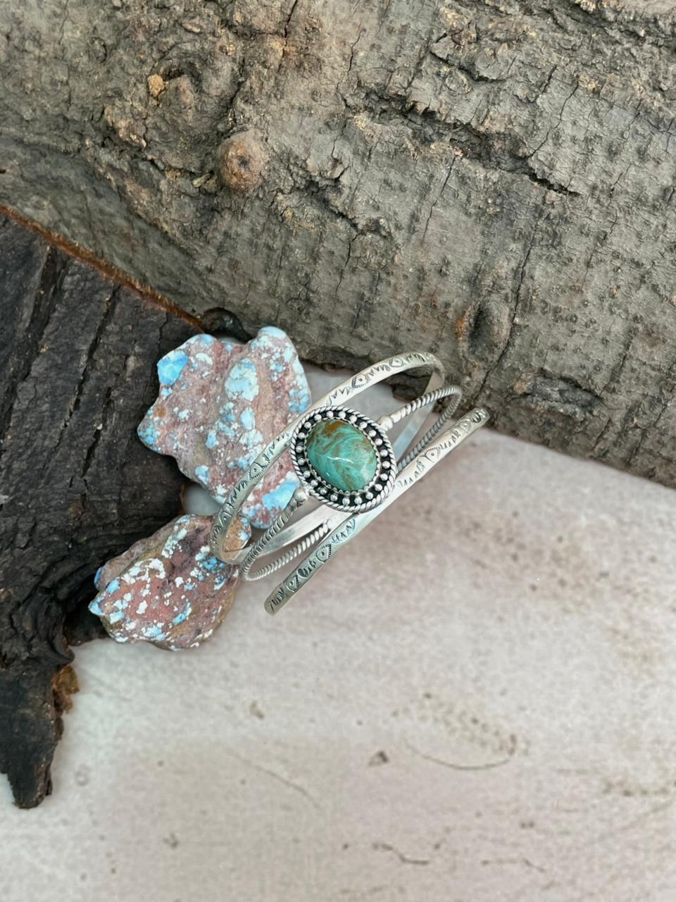 Handmade Sterling Silver Mantis Turquoise Cuff Bracelet with Signed Nizhoni