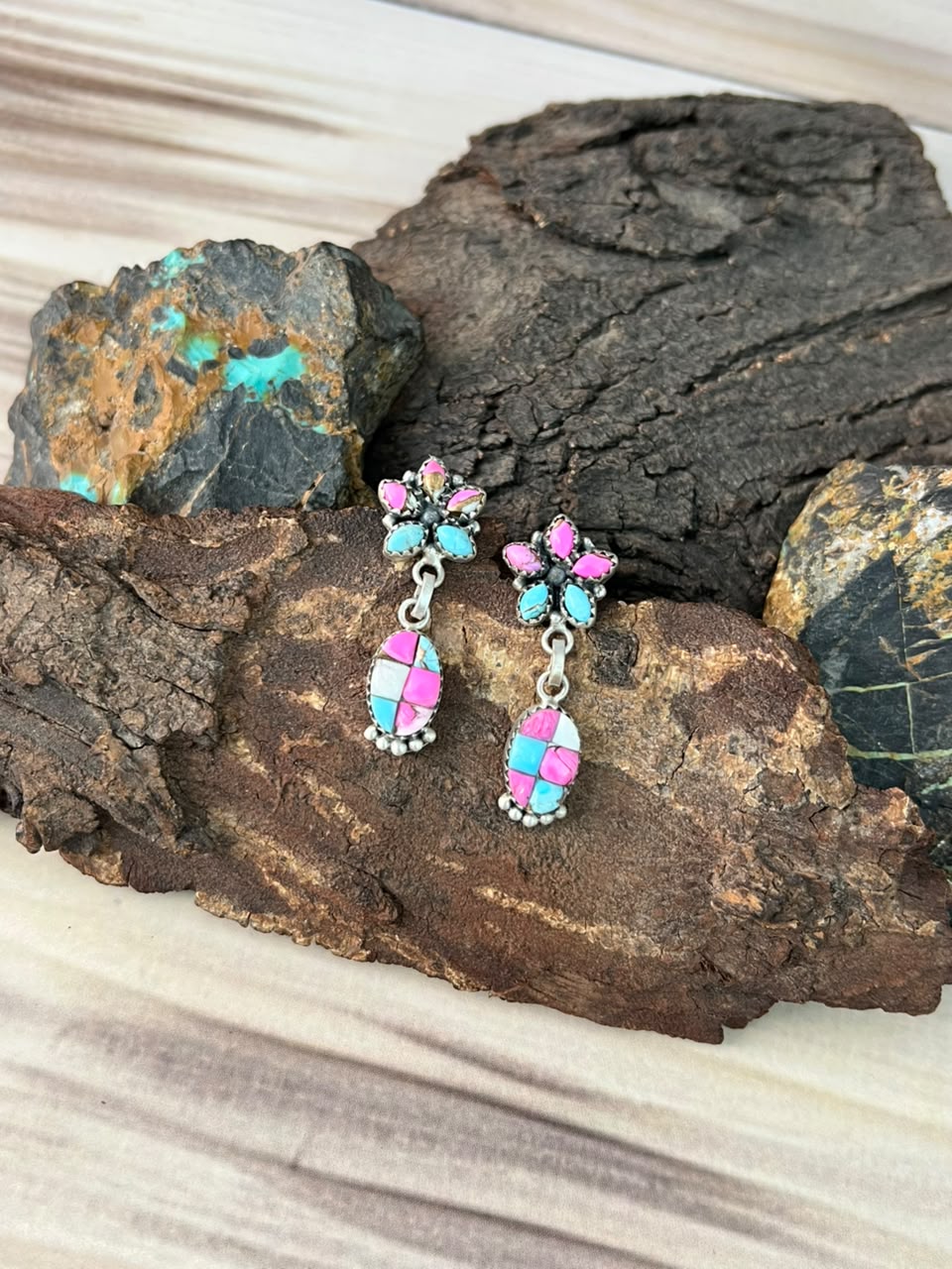 Handmade Sterling Silver Cotton Candy Cobble Stone Post Dangle Earrings Signed Nizhoni