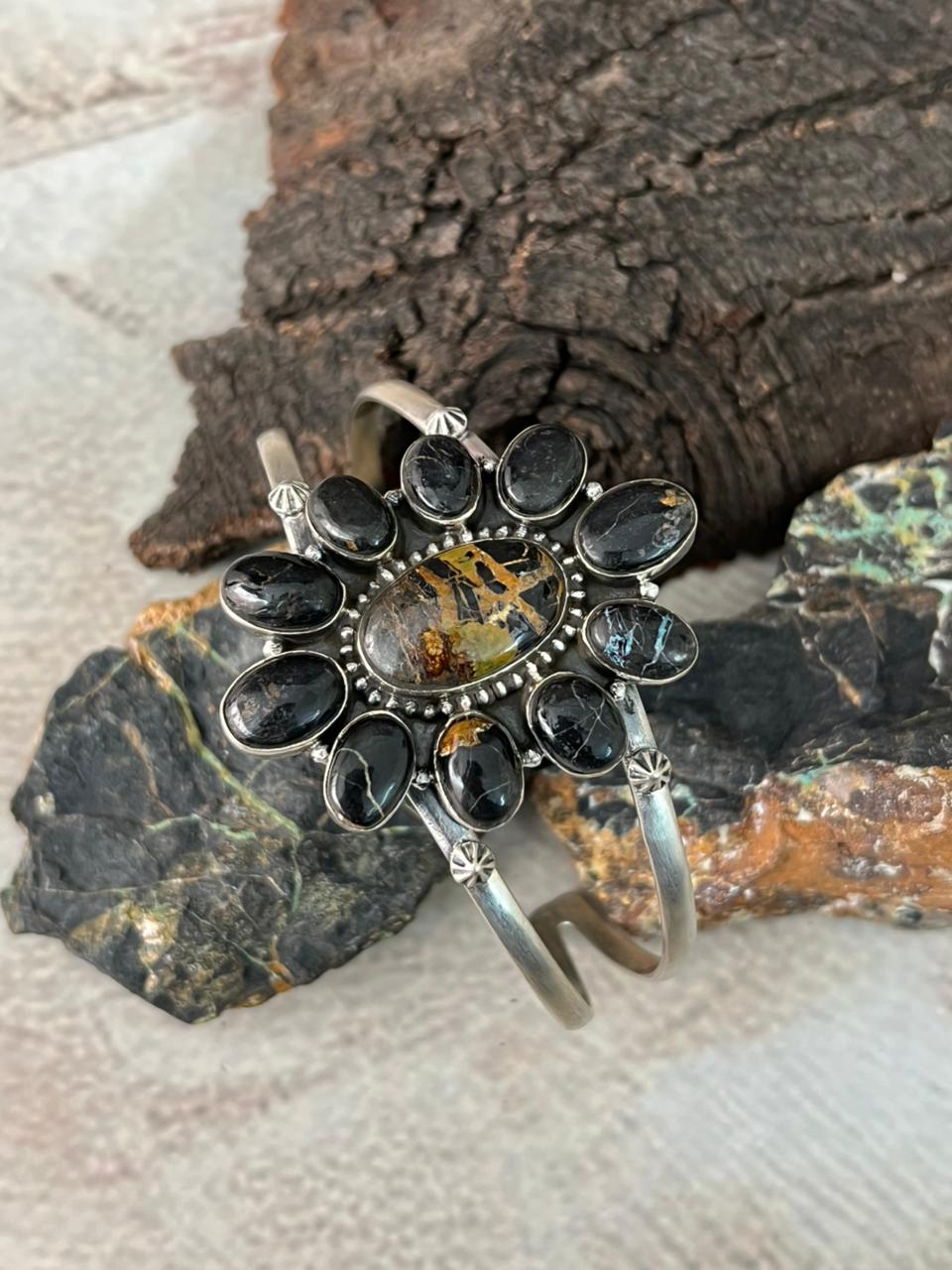 Handmade Sterling Silver Blackjack Turquoise Cuff Bracelet "Signed Nizhoni"