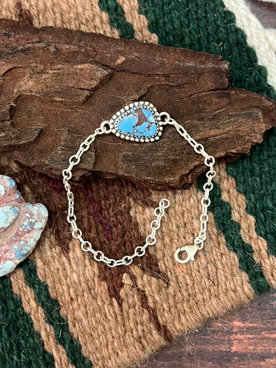 Handmade Sterling Silver Golden Hills Turquoise Chain Bracelet "Signed Nizhoni"
