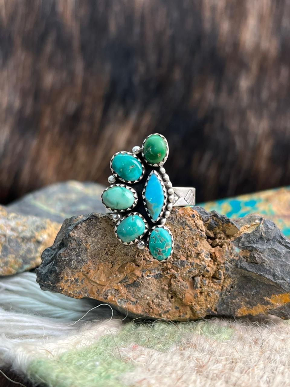 Handmade Sterling Silver Emerald Valley with Santa Maria Turquoise Adjustable Ring "Signed Nizhoni"
