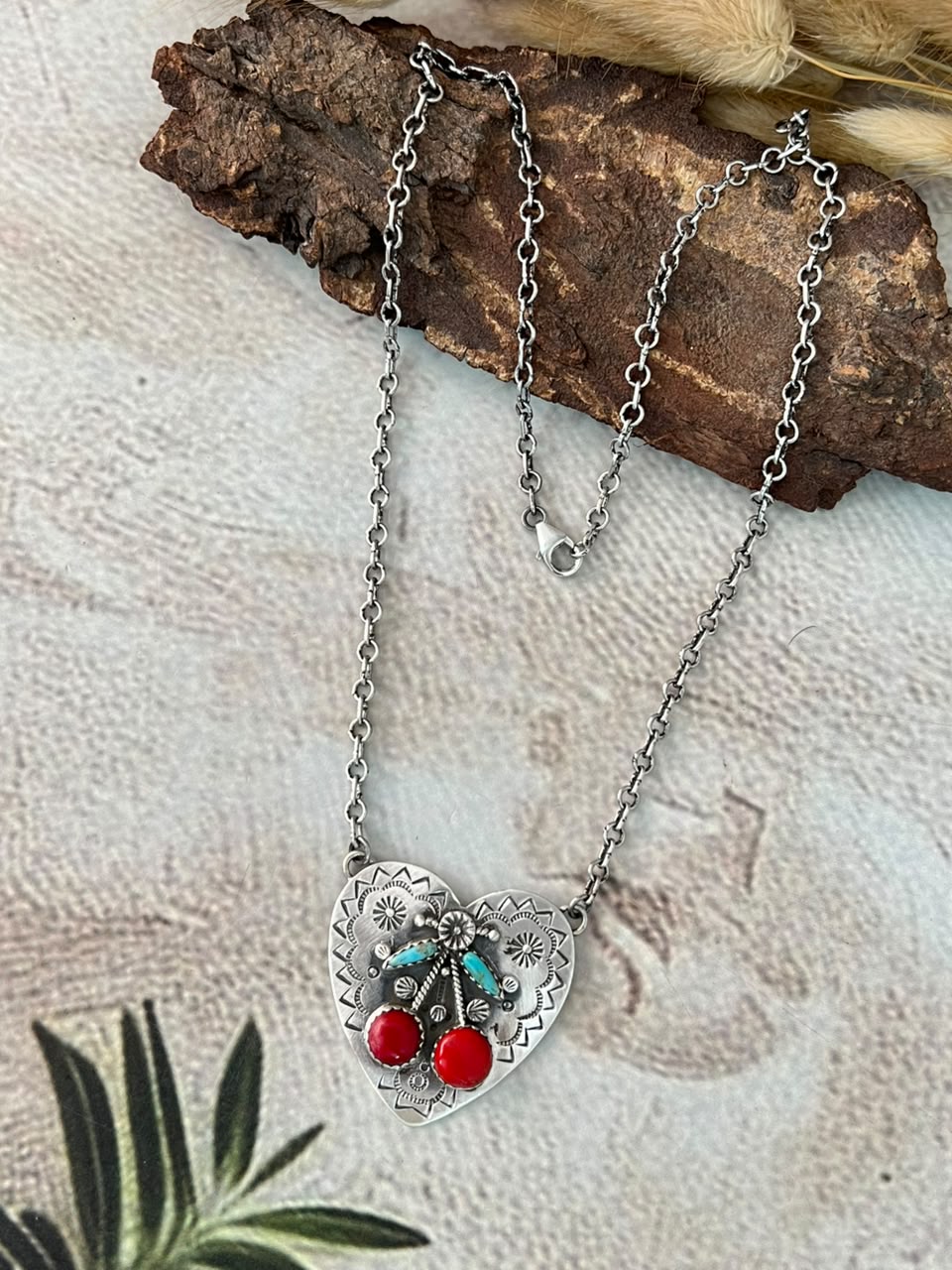 Handmade Sterling Silver Kingman Turquoise with Rosarita Cherry Heart Necklace Signed Nizhoni