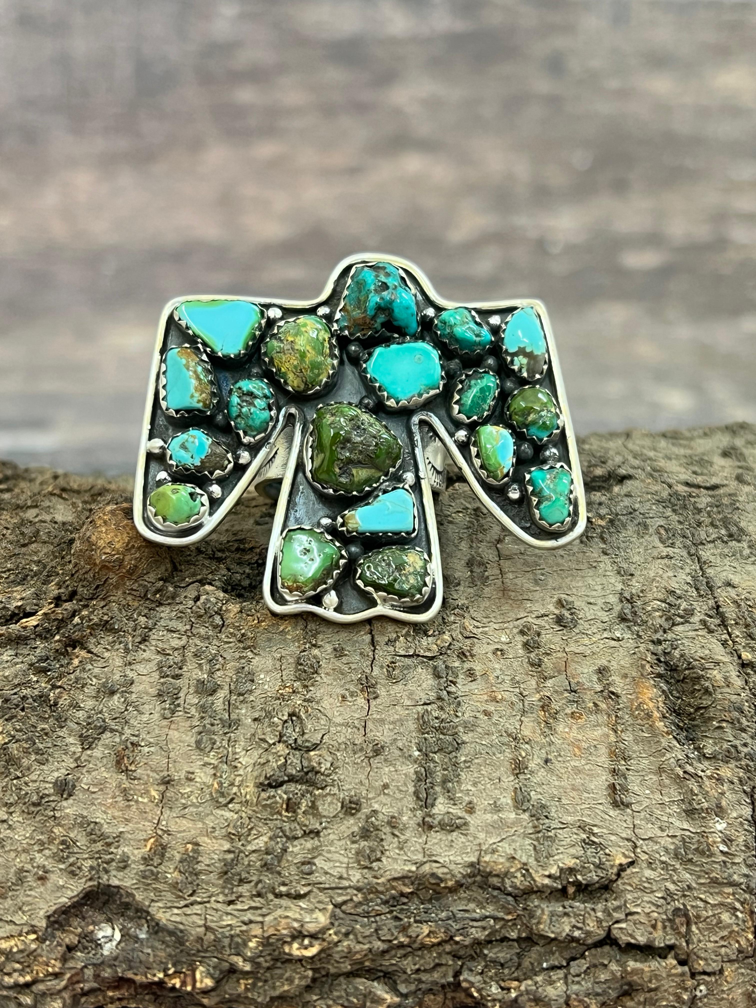 Handmade Sterling Silver Sonoran Mountain Turquoise Thunder Bird Adjustable Ring with Signed Nizhoni