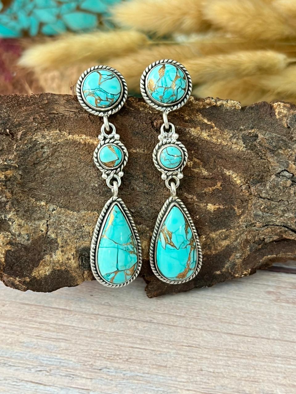 Handmade Sterling Silver Mint Dahlia Collection: Post Dangle Earrings "Signed Nizhoni"
