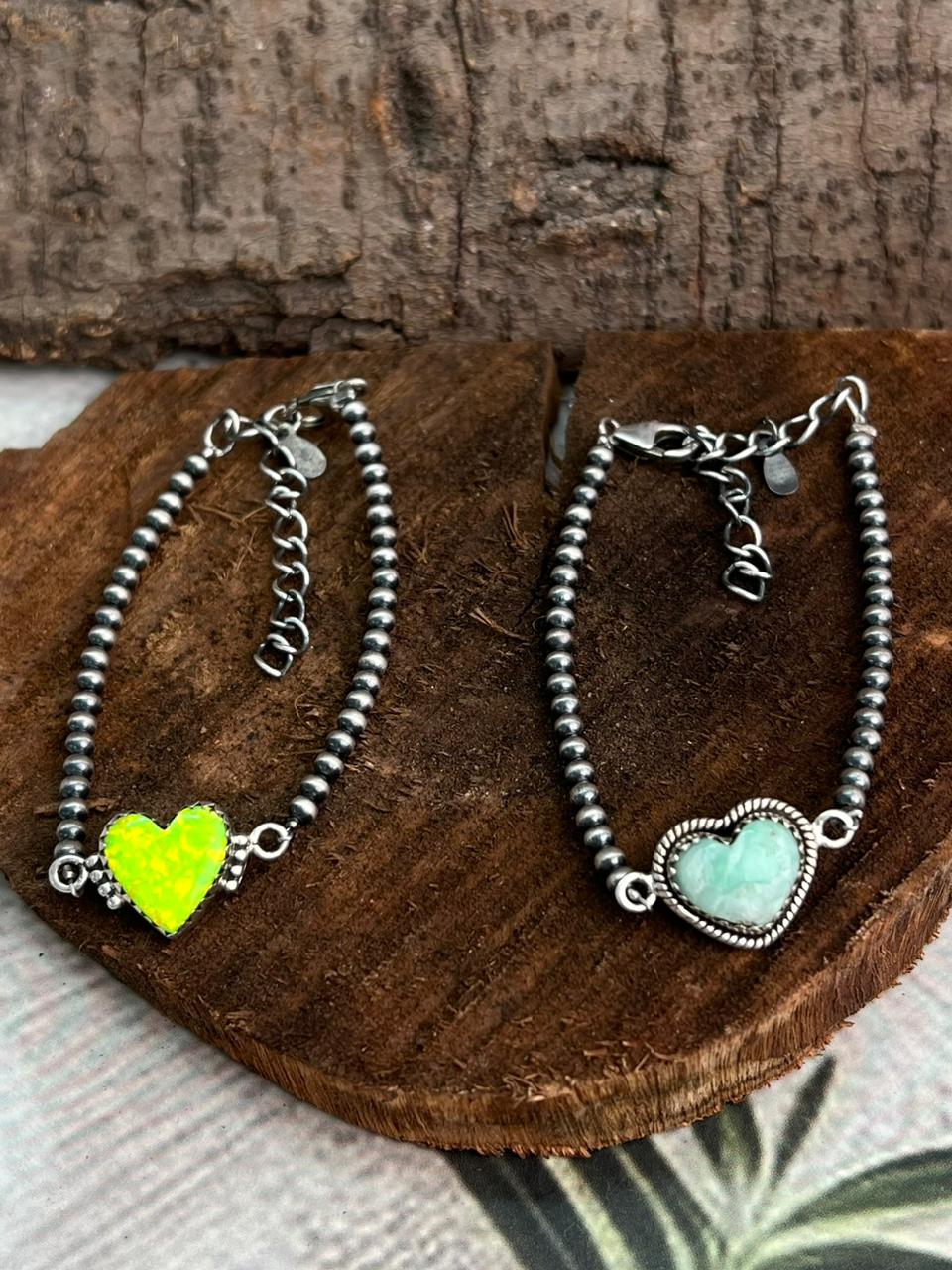 Handmade Sterling Silver Beaded Neon Opal, Variscite Chain Bracelet "Signed Nizhoni"