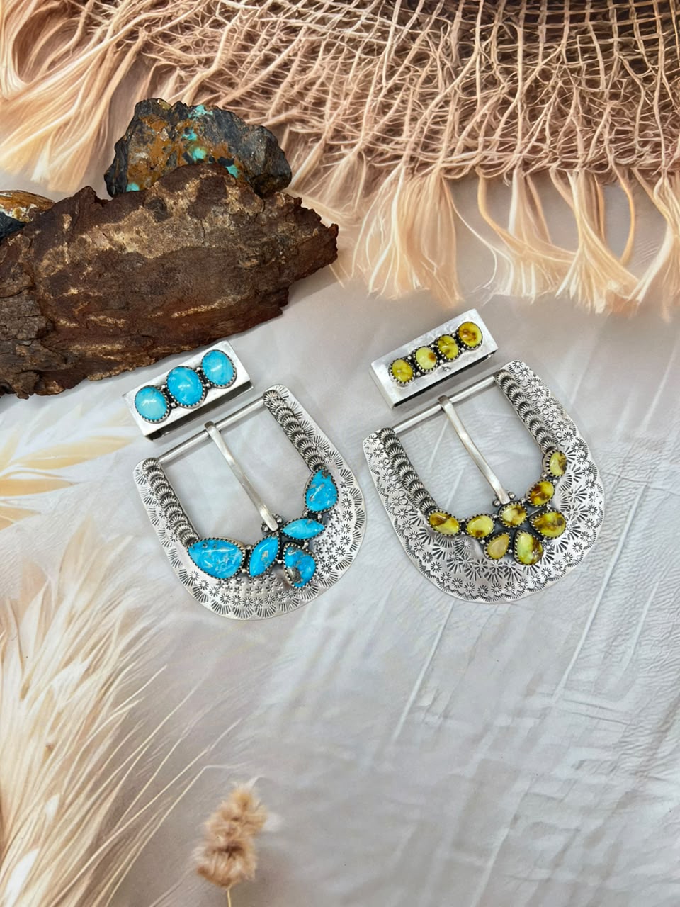 Handmade Sterling Silver Palomino and White Water Turquoise Belt Buckle Set Signed Nizhoni