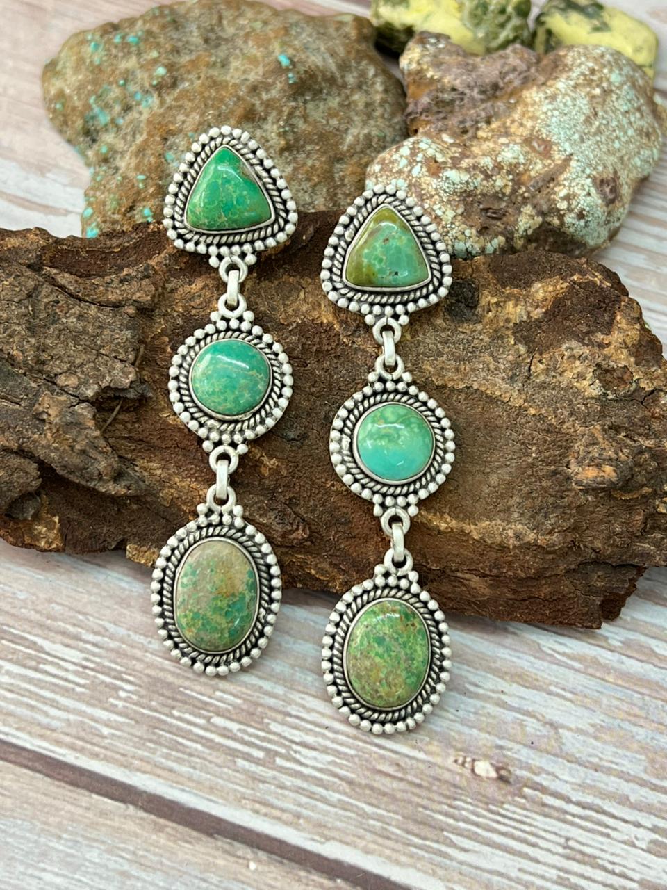 Handmade Sterling Silver Mantis Turquoise Post Dangle Earrings with Signed Nizhoni