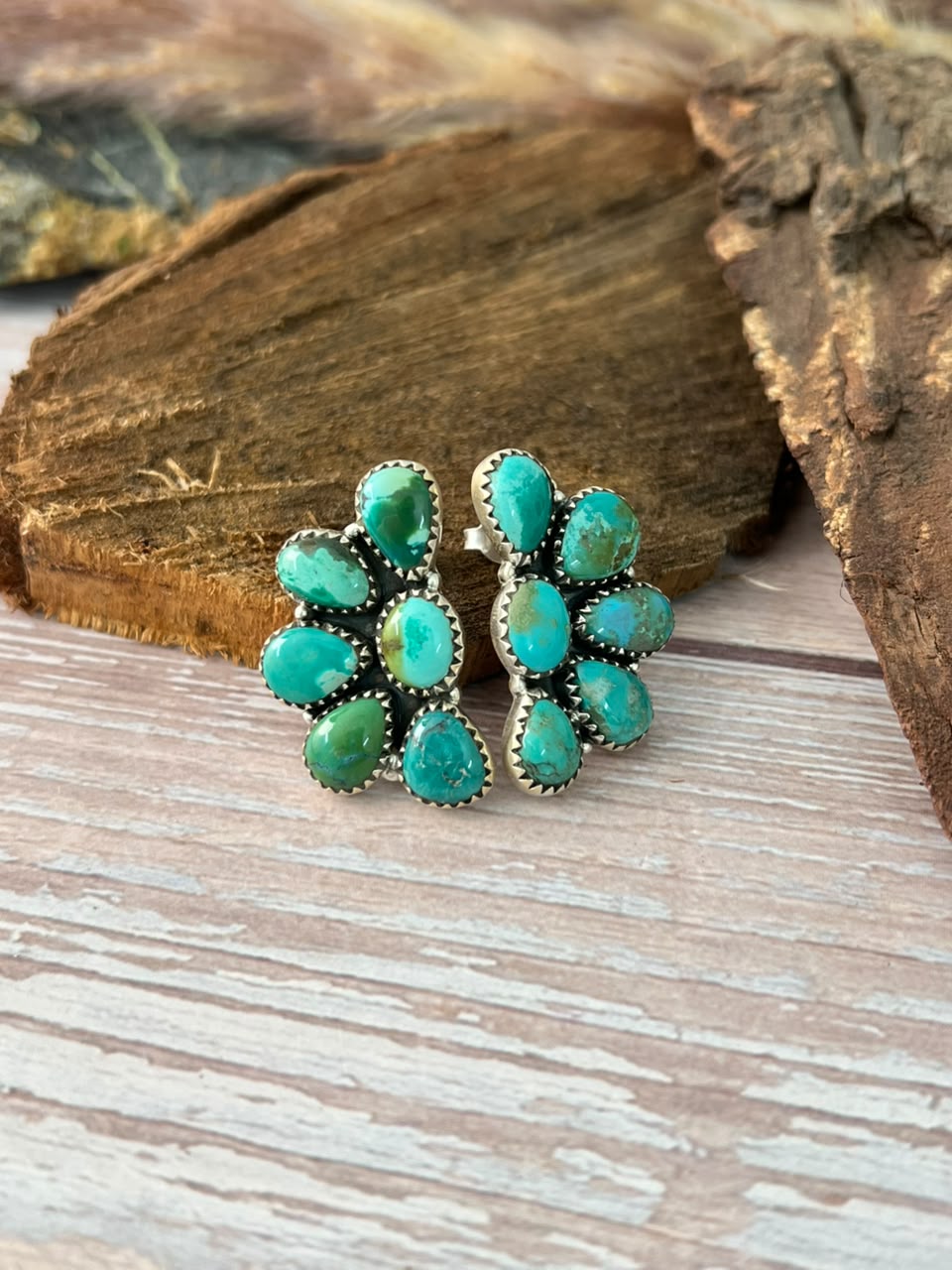 Handmade Sterling Silver Kingman Turquoise Post Studs Earrings Signed Nizhoni