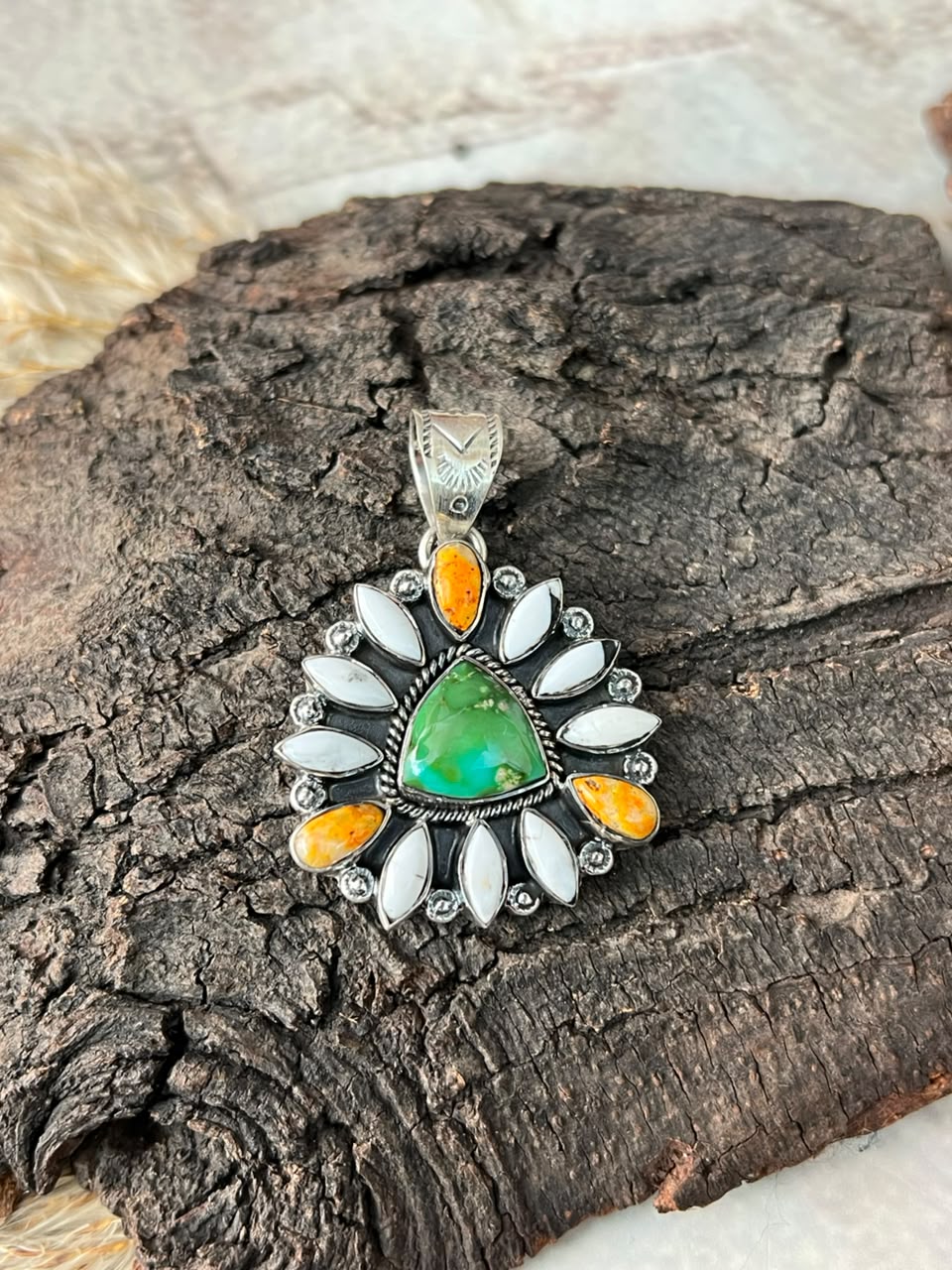 Handmade Sterling Silver Sonoran Mountain Turquoise with Bumblebee and White Buffalo Spring Collection: Pendant Signed Nizhoni
