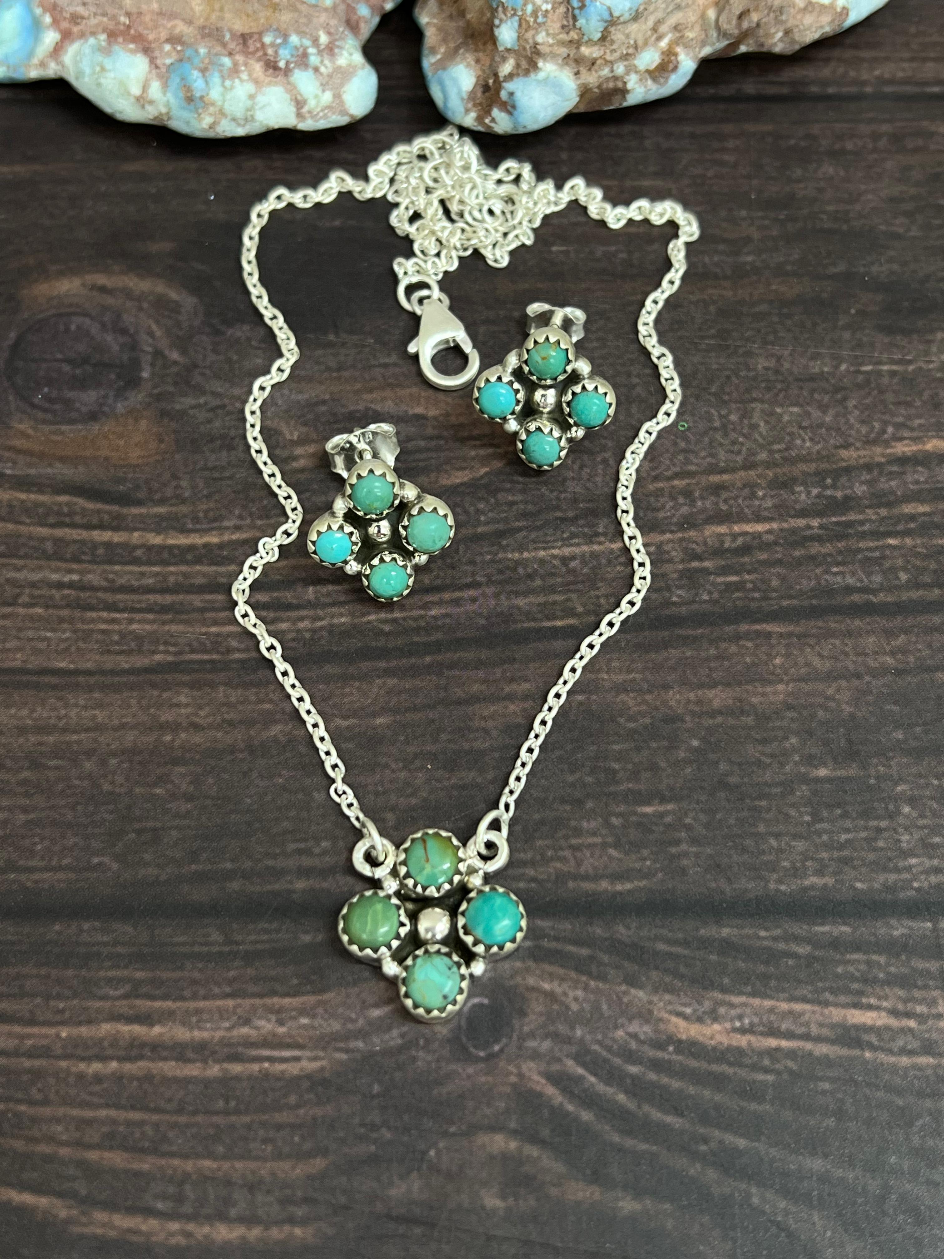 Handmade Sterling Silver Kingman Turquoise Necklace Earrings Set with Signed Nizhoni