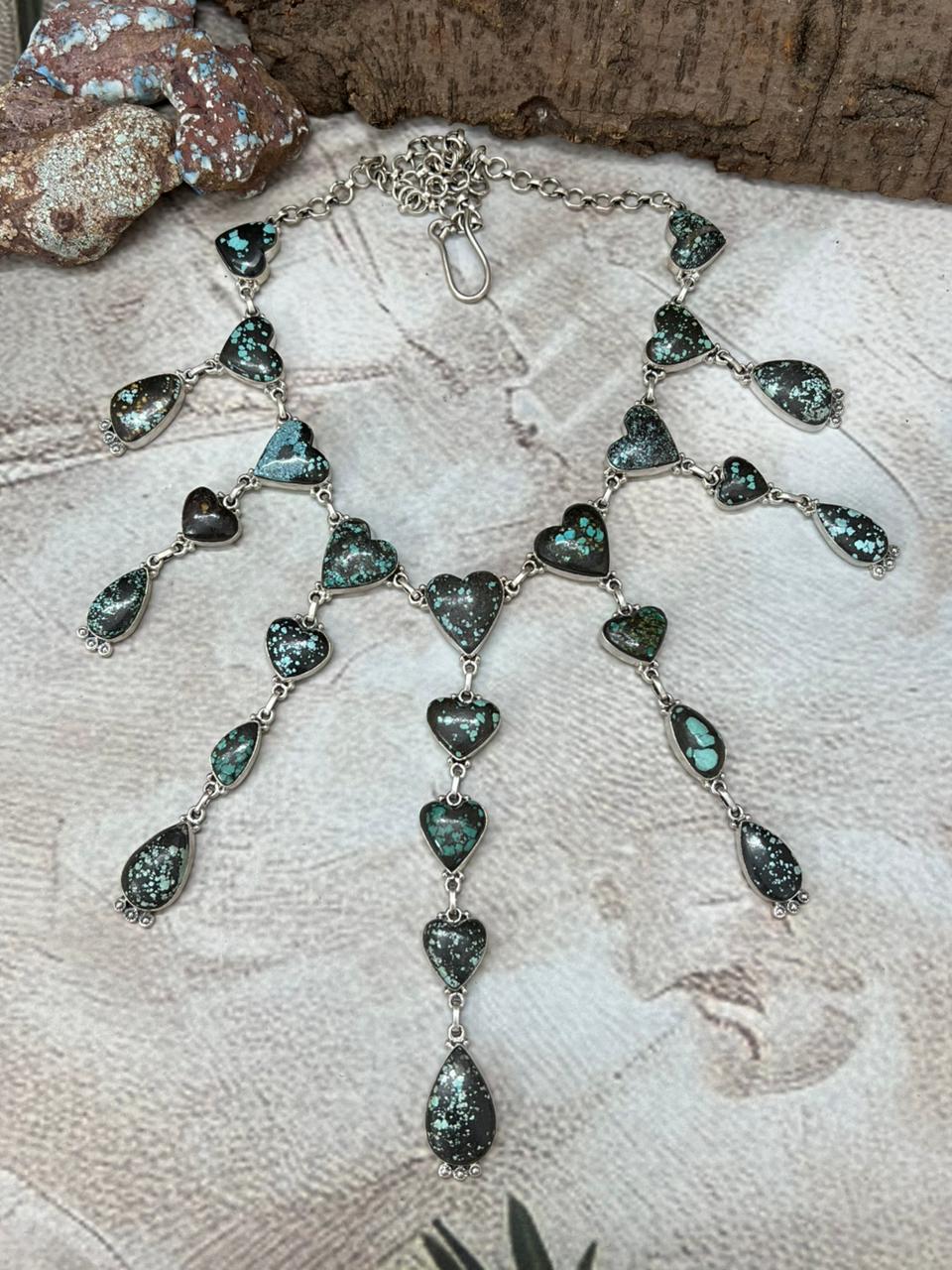 Handmade Sterling Silver Lander Turquoise Necklace with Signed Nizhoni