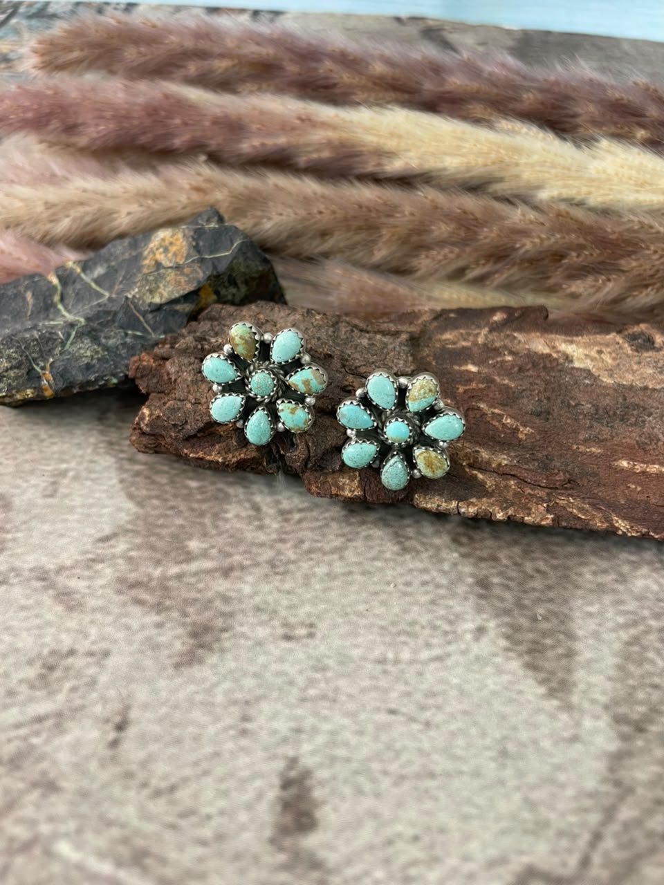 Handmade Sterling Silver Number 8 Turquoise Collection: Post Studs Earrings Signed Nizhoni