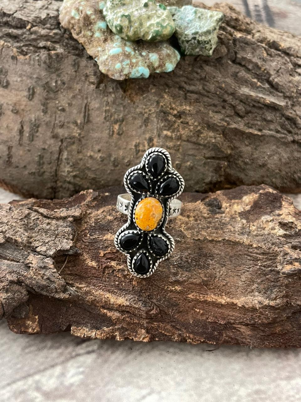 "Halloween Collection" Handmade Sterling Silver Black Onyx, Bumblebee Adjustable Ring with Signed Nizhoni