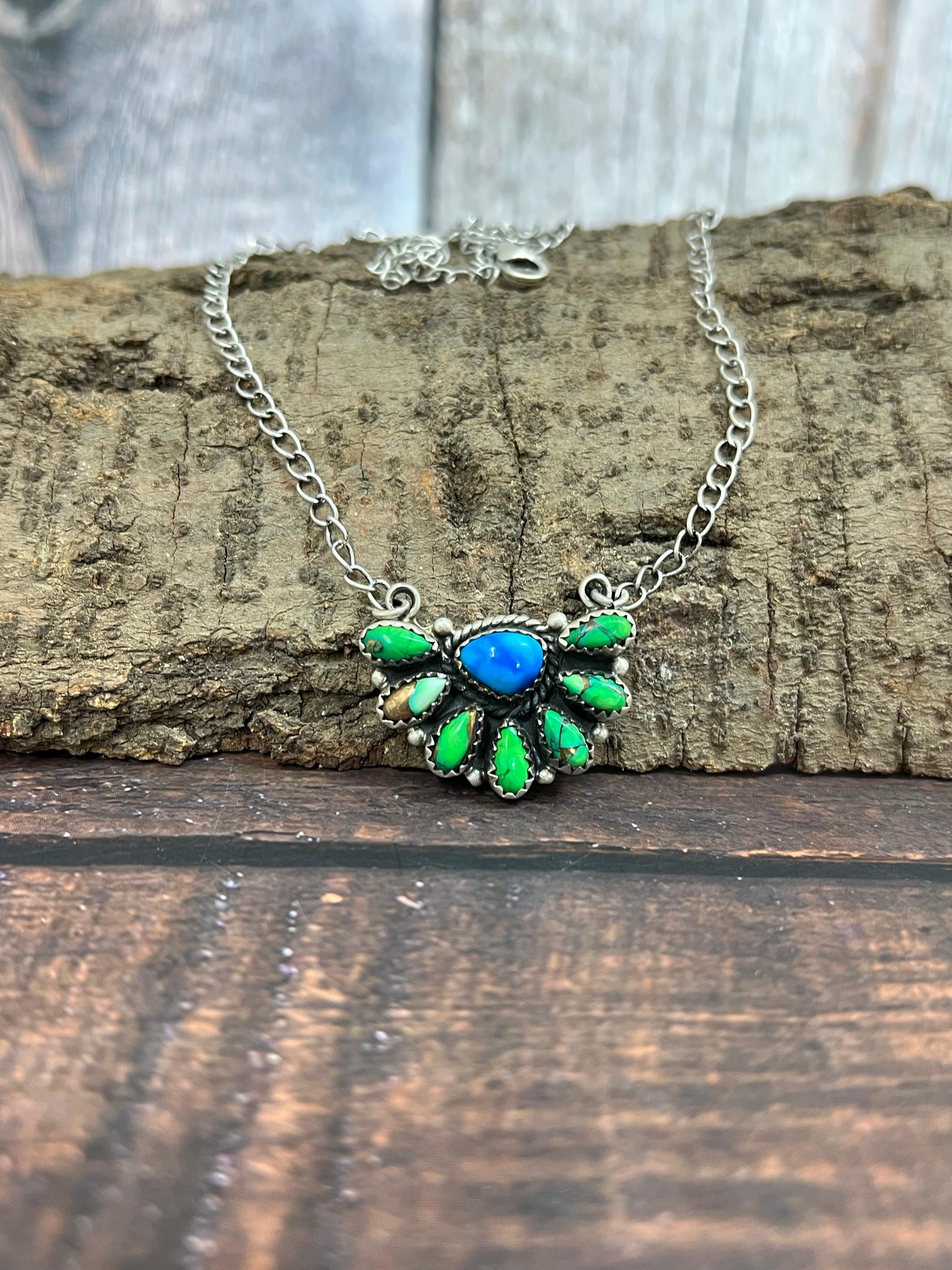 Handmade Sterling Silver Peacock Dahlia Necklace with Signed Nizhoni