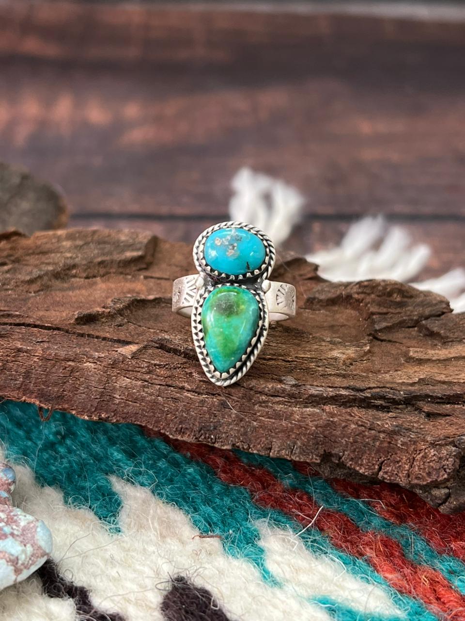Handmade Sterling Silver Sonoran with White Water Turquoise Adjustable Ring " Signed Nizhoni" (6)
