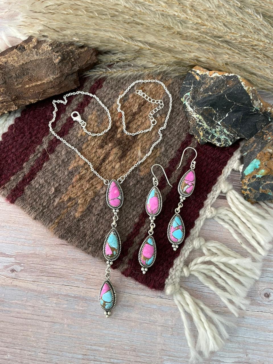 Handmade Sterling Silver Cotton Candy Necklace Earrings Set "Signed Nizhoni"