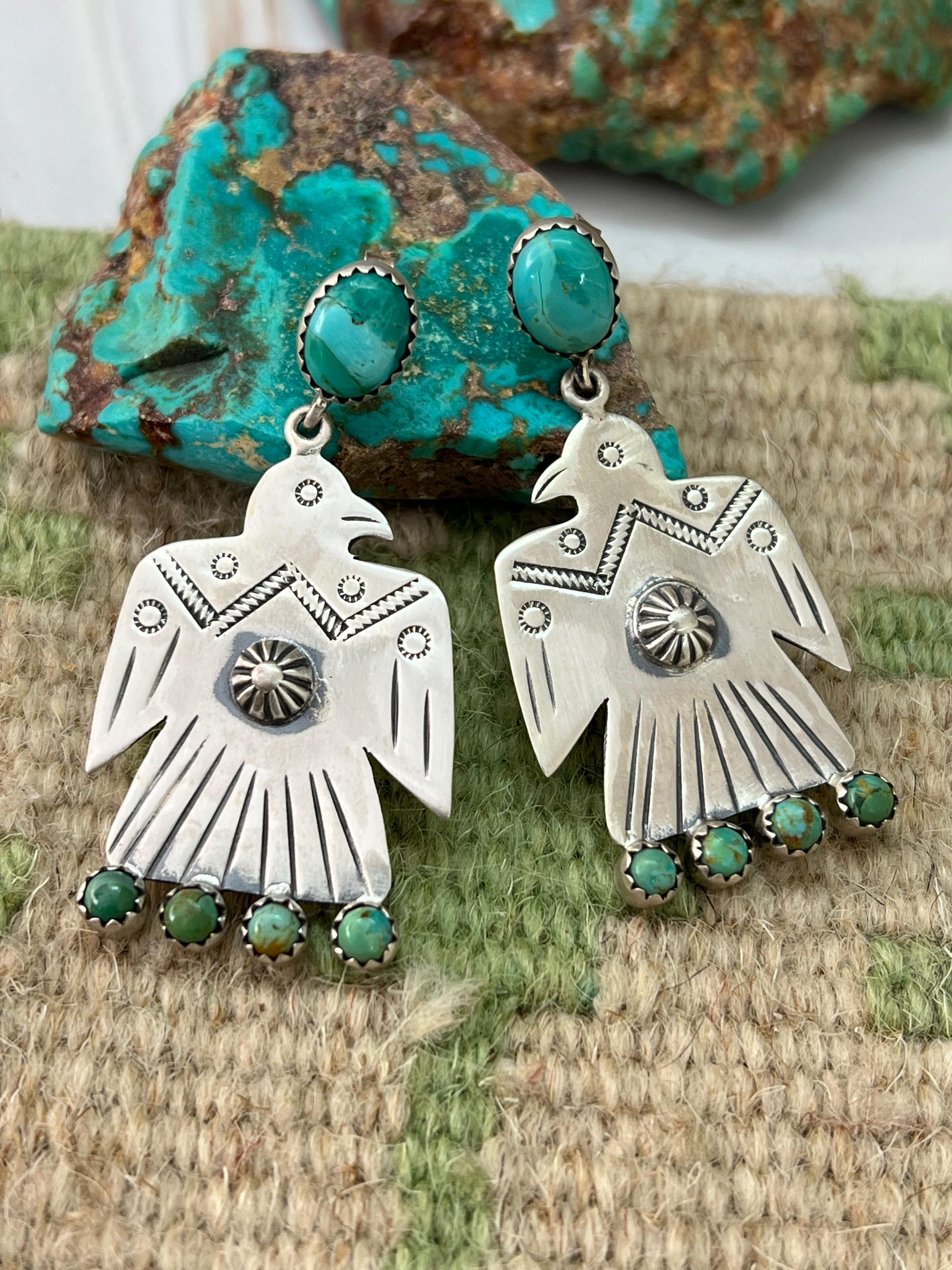 Handmade Sterling Silver Kingman Turquoise Thunder Bird Post Dangle Earrings with Signed Nizhoni