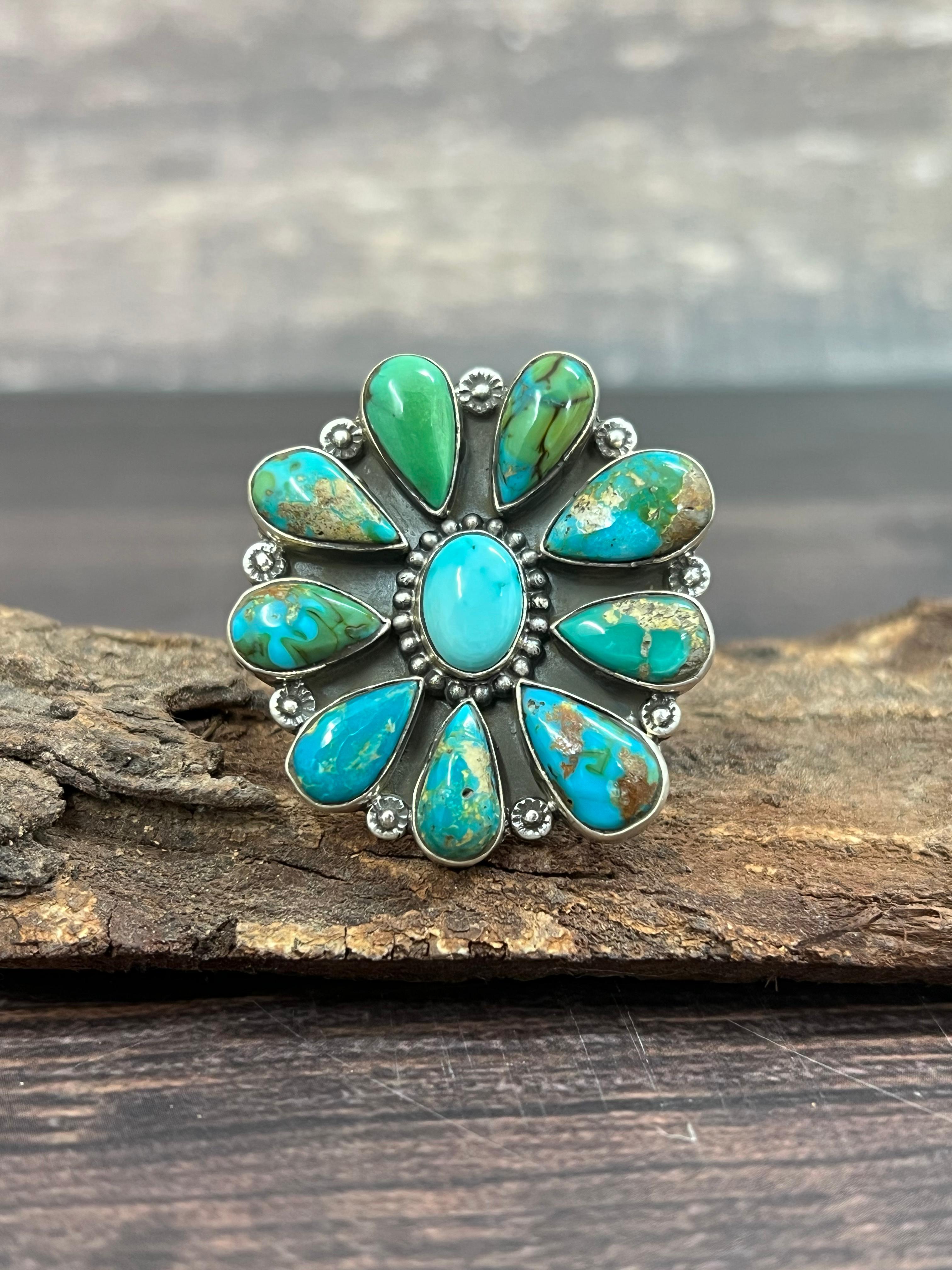 Handmade Sterling Silver South Hill Turquoise Adjustable Ring with Signed Nizhoni