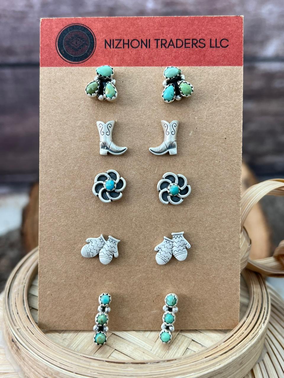 Handmade Sterling Silver Kingman Turquoise Post Studs Earrings Set (2)