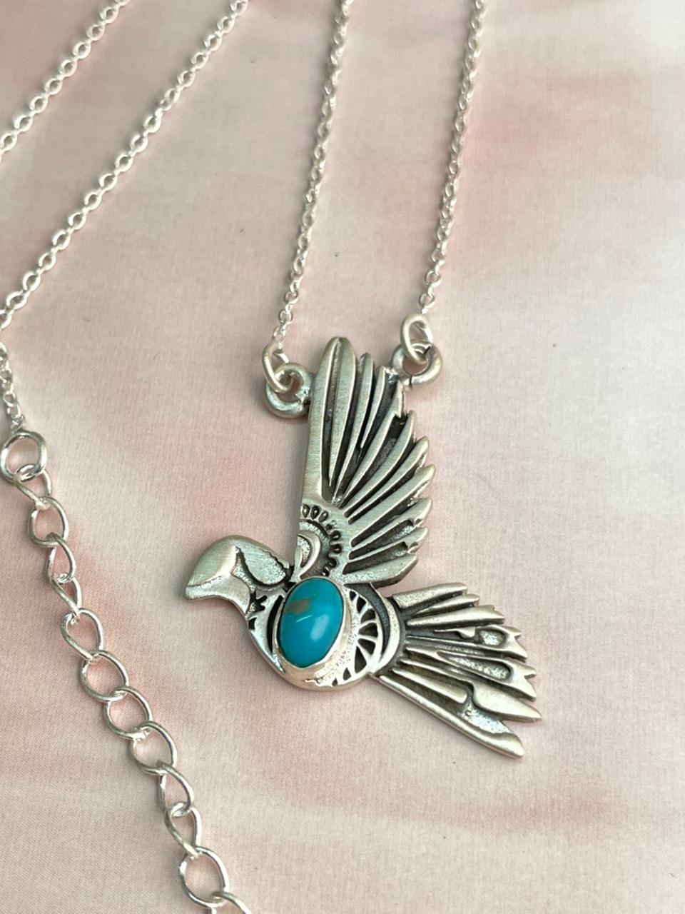 Handmade Sterling Silver Kingman Turquoise Thunder Bird Necklace "Signed Nizhoni"