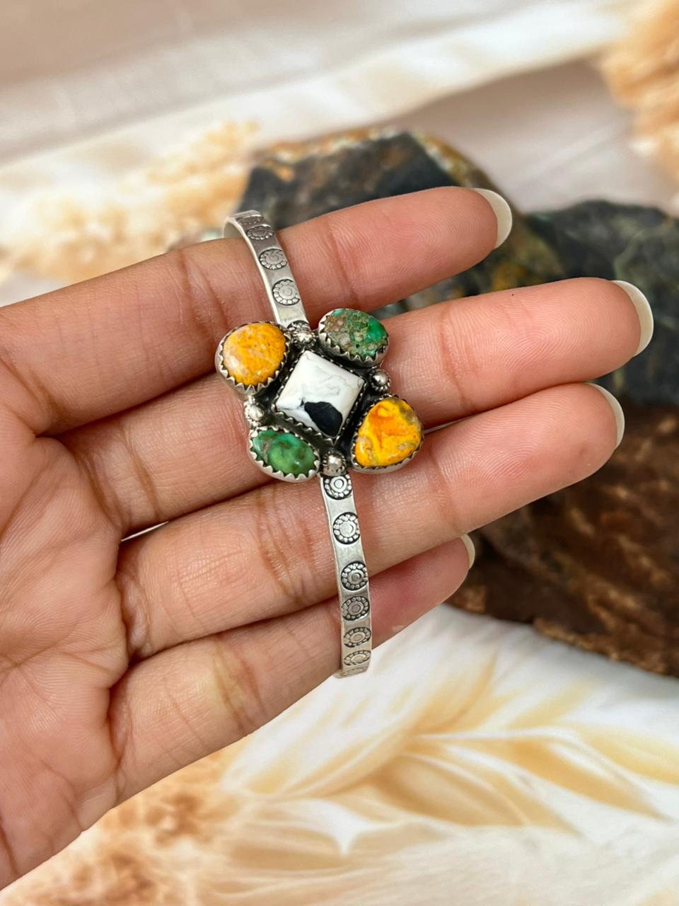 Handmade Sterling Silver Spring Collection: Bumblebee with Sonoran and White Buffalo Bracelet "Signed Nizhoni"