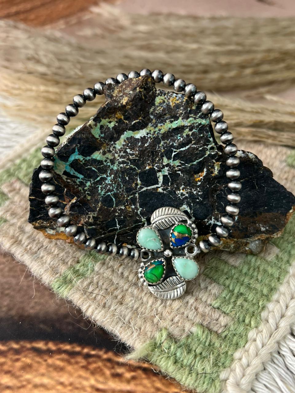 Handmade Sterling Silver Paloma with Peacock Dahlia Beaded Stretch Bracelet "Signed Nizhoni"